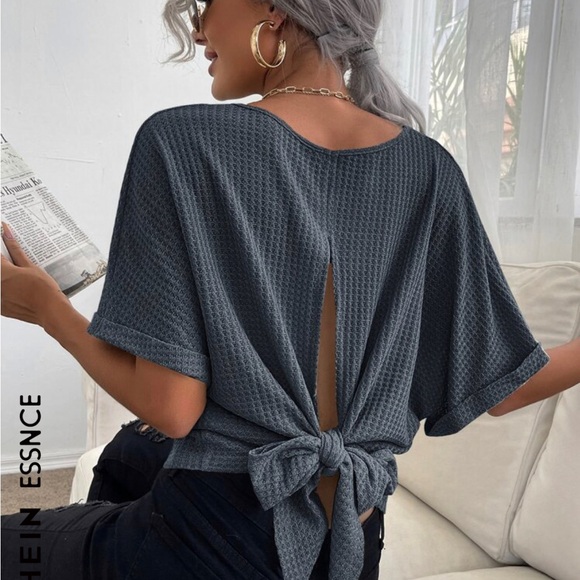 SHEIN Tie Back Waffle Knit Tee - Picture 1 of 6